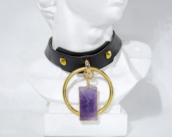MADONNA AMETHYST CHOKER: Leather neck collar with gold O-ring, buckle, eyelets and amethyst pendant