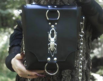 Beetle Black Leather Purse, Silver Stag Beetle Centerpiece, Gothic Forest Bag