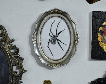 Gothic Oval frame wall decor lino print artworks, Handmade linocut bat spider web