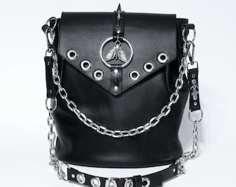 Gothic Leather Shoulder Bag, Black Chain Crossbody Purse, Moth Detail Bag