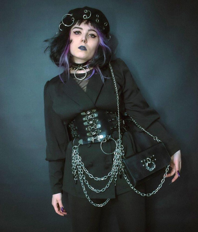 KAJAN LEATHER BAG: gothoc purse with bat pendant, chain handle and belt strap image 8