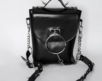 NOIR Spiked Leather Top Handle Bag: O-Ring Chain Detail