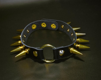 GOLD SPIKED CHOKER: Real leather neck collar with gold spikes, O-ring and bell