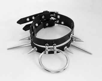 TRIXY SPIKED CHOKER: Brutal leather neck collar with big spikes and ring