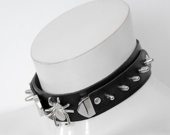 SPIDER CHOKER: Leather gothic collar with spikes and metal corners Haze