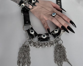 Gothic cuffs /necklace: Leather bracelet and chainmail neck collar with eyes EYECU