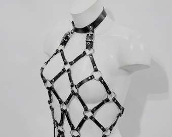 WARRIOR CAGE HARNESS: Leather chest harness with neck collar