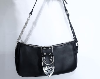 Gothic Leather Baguette Bag with Cathedral window Chainmail, Handmade church Shoulder Purse