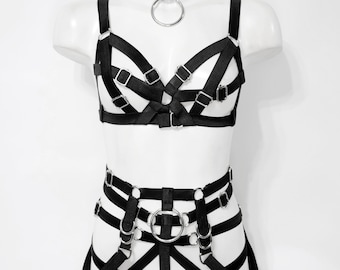 GHOST SHELL elastic harness : set of adjustable gothic bra, panty, belt & collar