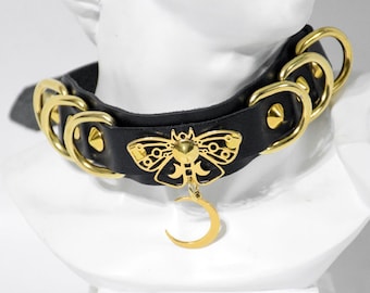Gold leather choker : gothic neck collar with golden crescent moon pendant and  moth
