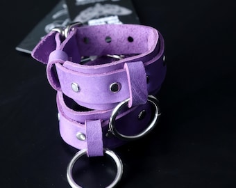 O-RING CUFF: Lilac leather cuff wristband with studs and buckle