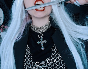 HALIOTIS Cross Chainmail Choker: Iridescent Gothic Necklace