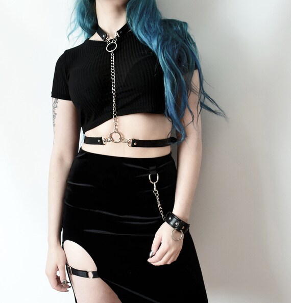 POISON Chain Harness: Leather & Nylon Collar - Unisex Body Jewelry
