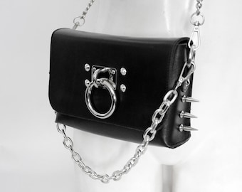 KAJAN SPIKED BAG: Leather purse with spikes, chain handle and belt strap