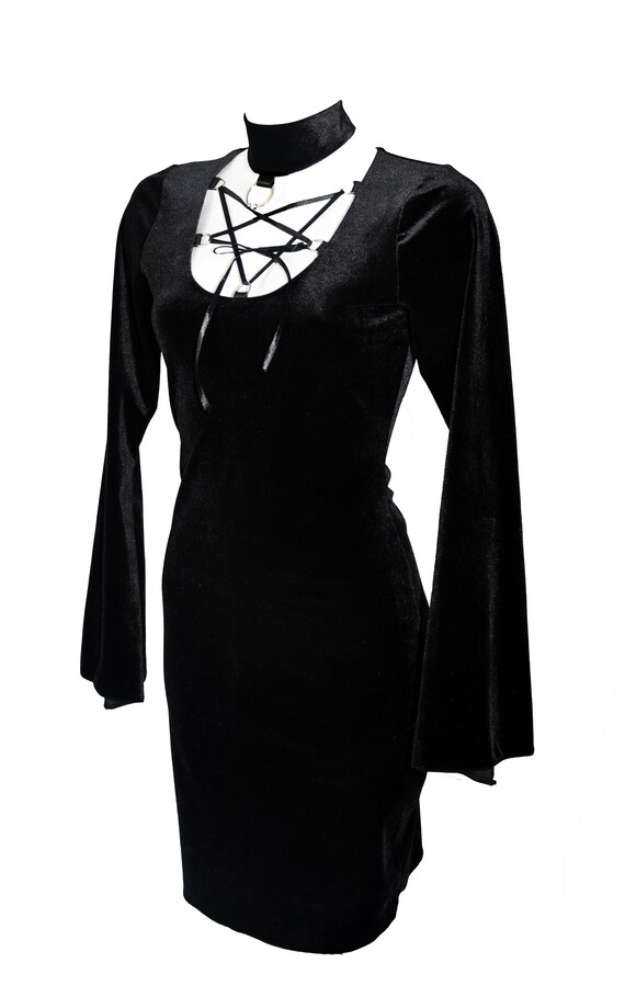WITCH DRESS S SIZE: Black Velvet Mini Dress With Choker and Bell Sleeves -  Etsy