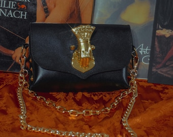 VICTORIAN  Hand Bag: Black leather,Detachable Chain Strap, marquise hand