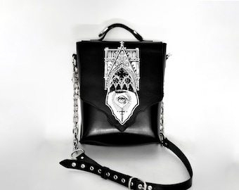 Gothic Cathedral window Leather Handbag: Chain Shoulder Bag with bat