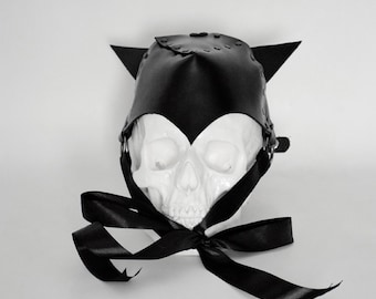 CATWOMAN \ BAT BONNET: Gothic headgear piece with ears made of real leather