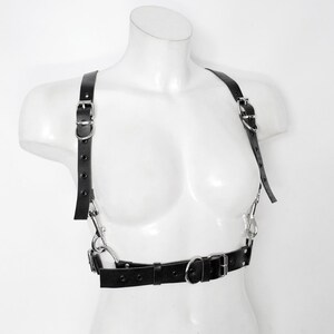 May include: A black leather harness with silver hardware. The harness has two straps that go over the shoulders and a belt that goes around the waist. The straps are adjustable and have buckles.