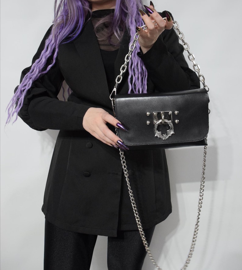KAJAN LEATHER BAG: gothoc purse with bat pendant, chain handle and belt strap image 2