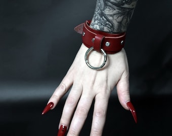 RED LEATHER BRACELET: Wine red cuff wristband with O-ring and buckle