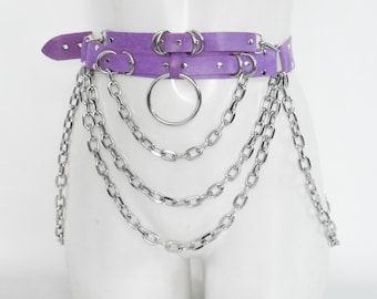 LILAC CHAIN BELT: massive Leather gothic belt with chains, D-rings and big O-ring