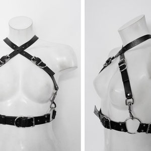May include: Black leather harness with silver buckles and rings. The harness has a criss-cross design in the front and a belt with a large silver ring in the center.