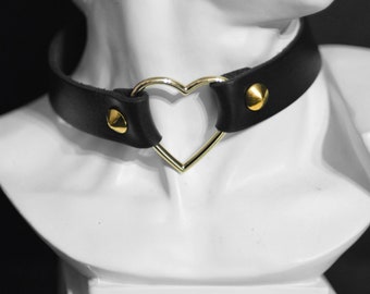 HEART O-RING CHOKER : gold and silver  black Leather neck collar with spike studs