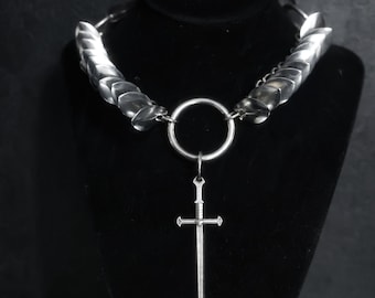 Scale Sword Necklace : Bat Pendant Collar, pearl PVC Strap goth  jewelry choker