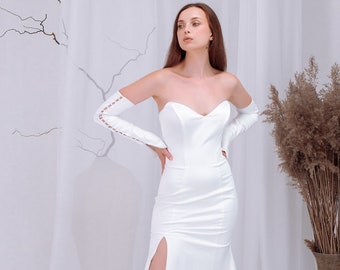 Satin Mermaid Wedding Dress, Off-Shoulder Pearl Sleeves, Ivory Bridal Gown