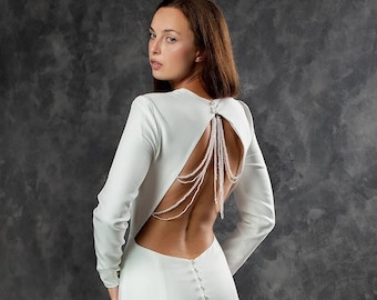 Minimalist Crepe Mermaid Wedding Dress, Long Sleeve Open Back Bridal Gown