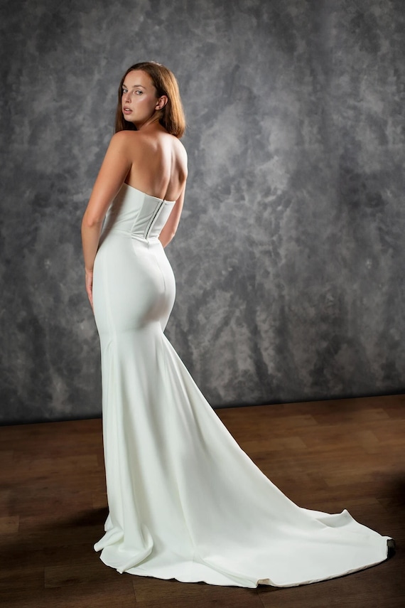 Minimalist Ivory Crepe Mermaid Wedding Dress: Open Back with Chiffon Cape