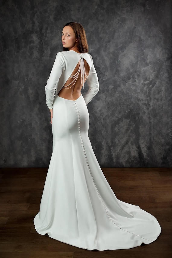 Mermaid Crepe Wedding Dress: Long Sleeve Open Back Gown