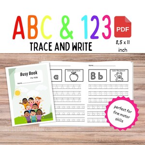 Op de afbeelding: Een printbaar drukboek voor kinderen met oefeningen voor het traceren en schrijven van de letters A en B. Het boek bevat een omslag met een groep kinderen en een titel die "Busy Book for Kids" zegt. De pagina's bevatten een afbeelding om in te kleuren en lijnen om de letters te traceren.