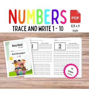 Op de afbeelding: Een printbaar drukboek voor kinderen om de cijfers 1-10 te traceren en te schrijven. Het boek heeft 10 pagina's en bevat een omslag met een groep kinderen en een zon. Het boek bevat ook een pagina om het cijfer 1 te traceren en een pagina om het cijfer 2 te traceren.