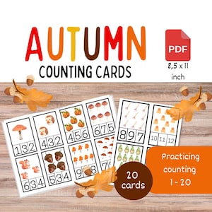 Op de afbeelding: Een set van 20 afdrukbare herfst-thema tellen kaarten voor kinderen. De kaarten bevatten verschillende herfstobjecten zoals paddenstoelen, eikels, pompoenen en paraplu's. Elke kaart heeft een nummer van 1 tot 20 en een overeenkomend aantal objecten. De kaarten zijn ontworpen om kinderen te helpen leren tellen en nummers te herkennen.