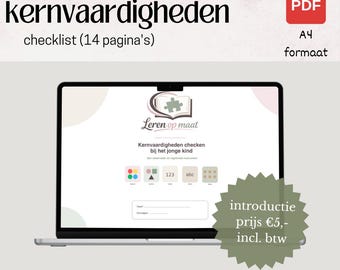 Könnte beinhalten: Eine digitale PDF-Checkliste mit dem Titel kernvaardigheden mit 14 Seiten im A4-Format, die auf einem Laptop-Bildschirm angezeigt wird. Das Dokument enthält den Text Leren op maat, Kernvaardigheden checken bij het jonge kind und verschiedene Symbole.