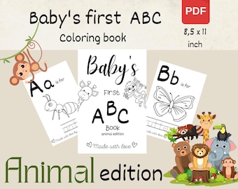 Djurtema ABC målarbok, Utskrivbar ABC, Barnaktivitet, Babyshoweraktivitet, Förskolearbetsblad, Babyshower, PDF målarbok