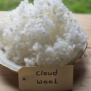 以下が含まれることがあります： 白と金の模様の入った皿の上に置かれた、"クラウドウール"と呼ばれる白いふわふわの素材のクローズアップ。