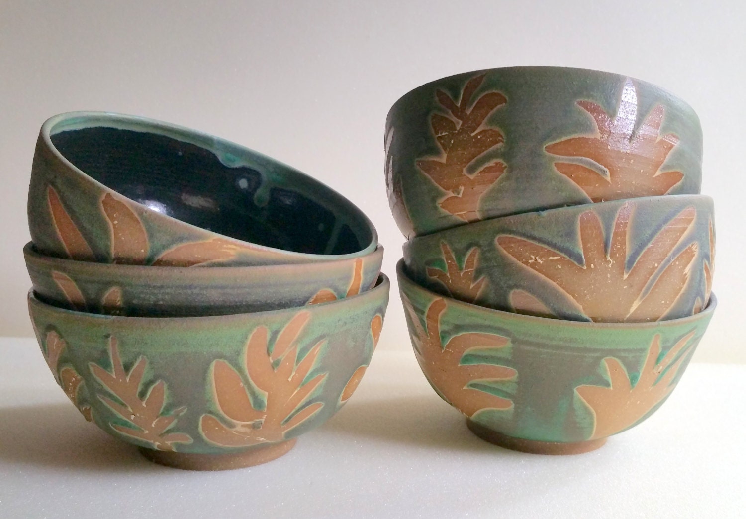 Green Wheel Thrown Pottery Bowls with Wax Resist Floral | Etsy