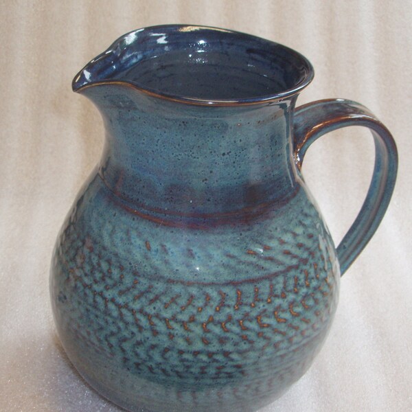 Large Wheel Thrown Pottery Pitcher in Chattered Speckled Blue - It Holds up to 2 1/2 Quarts or 10 Cups