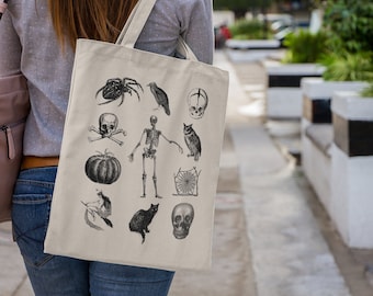 Halloween Tote Bag Canvas | Goblincore Tote Bag | Cottagecore Tote Bag | Black Cat | Trick or Treat Tote Bag | Curiousity Tote bag