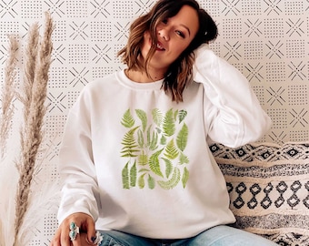 Cottagecore Fern Botanical Sweatshirt | Fern Plant | Botanical Crewneck Sweatshirt | Bluestar Fern | Lemon Button Fern | dark cottage core