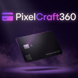 Puede incluir: Una tarjeta de crédito negra con un chip y un símbolo sin contacto, la tarjeta tiene el texto "pixelcraft360" y un código QR. El logotipo "PixelCraft360" se muestra encima de la tarjeta en morado y blanco.