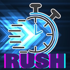 Puede incluir: Gráfico digital con un diseño de cronómetro en azul y negro. La palabra "RUSH" se muestra en una fuente púrpura con un contorno cian. El fondo tiene un degradado azul y negro con formas de flecha.