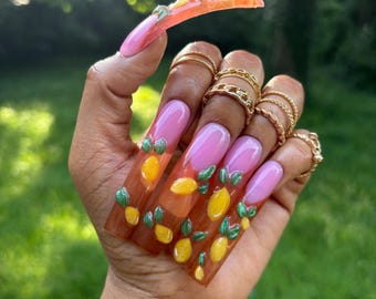 3D Lemon Art Press On - French Tip Long Curve