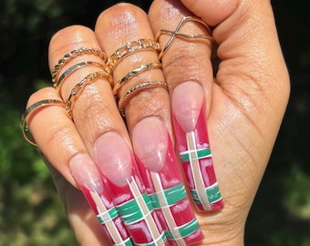 XXL Curve Press On Nail Tips - Burgundy Plaid