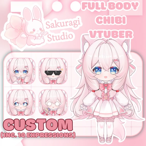 Custom Commission Chibi Vtuber Full Body Live2D model - Fully rigged, ready to use, Chibi Vtuber for streaming, 10 emotes included
