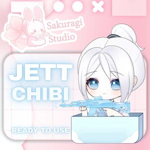 May include: A digital illustration featuring a chibi character with white hair and blue eyes, holding a translucent blue rifle. The image has a pink and light blue color scheme with the text "JETT CHIBI" and "READY TO USE". The Sakuragi Studio logo is also visible.