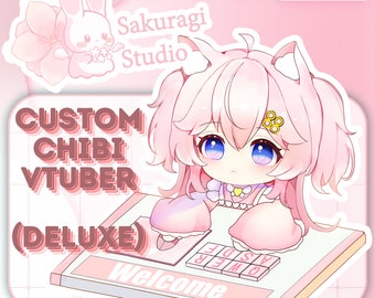 May include: A pink and white illustration of a chibi character with cat ears, wearing a pink dress and holding a mouse. The character is sitting on a keyboard with the word "Welcome" on it. The text "CUSTOM CHIBI VTUBER (DELUXE)" is in the top left corner of the image. The text "Sakuragi Studio" is in the top right corner of the image.